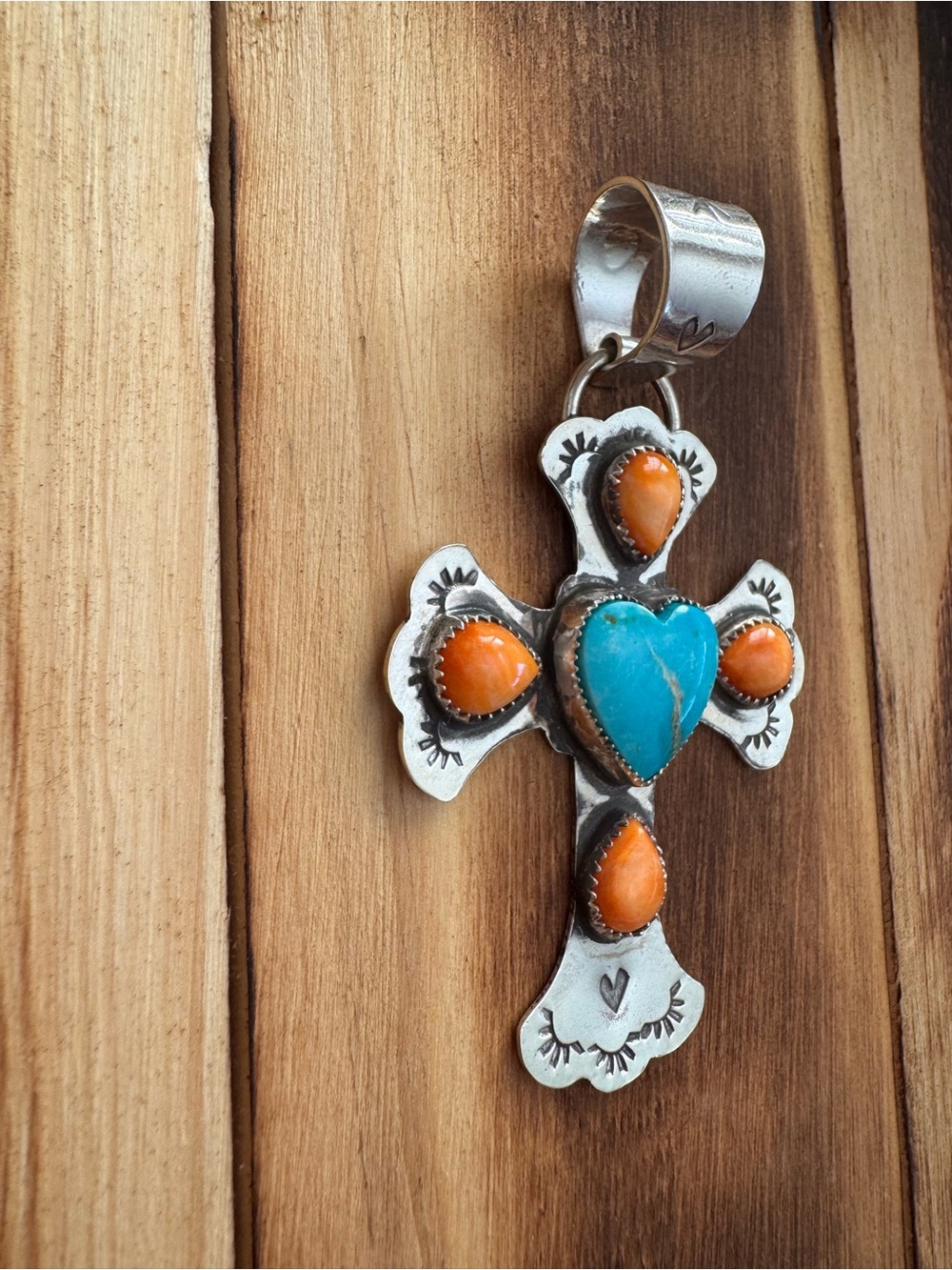 Sterling Cross Pendant with Turquoise Heart and Orange Spiny Accents - Picture 2 of 7